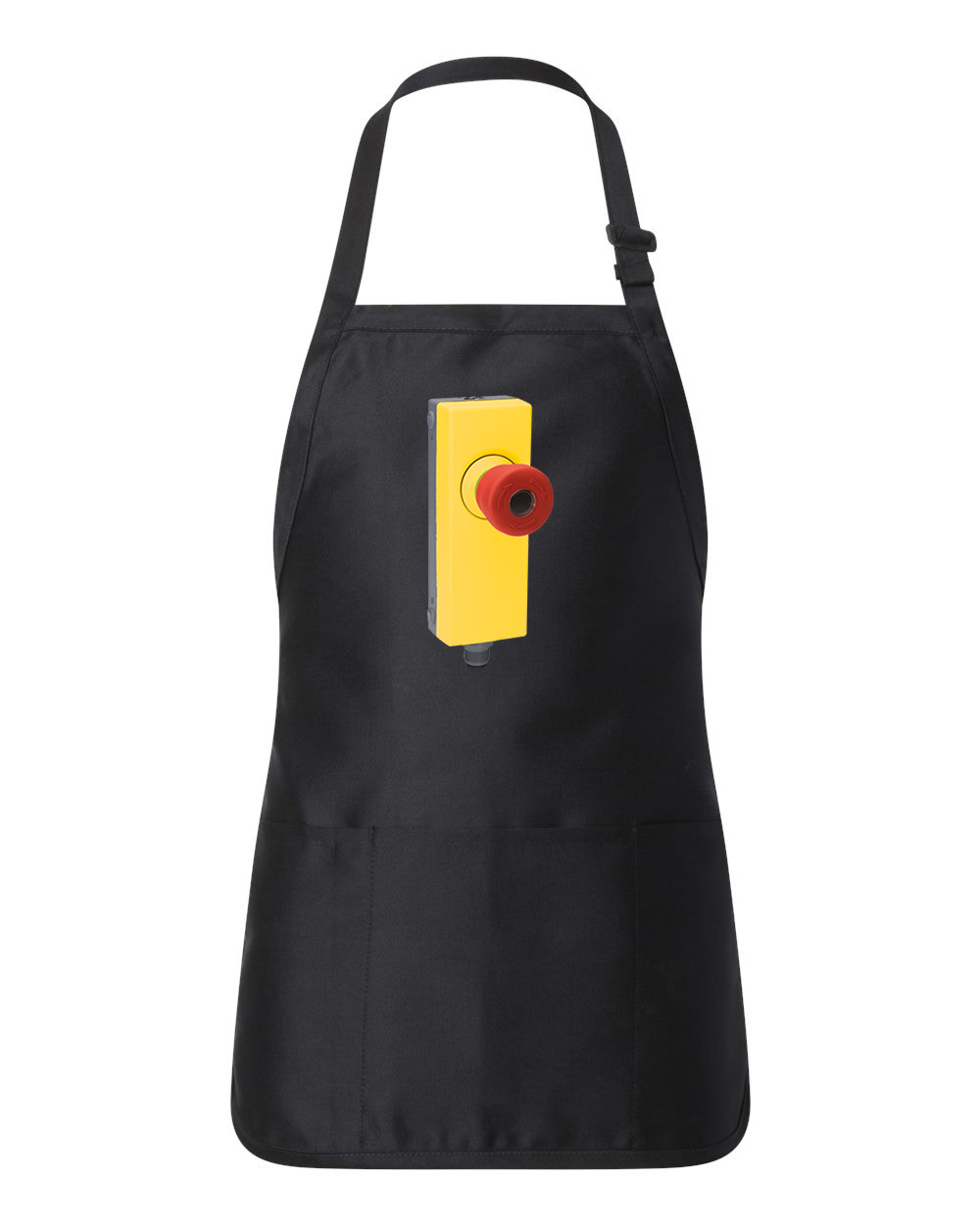 Industrial Emergency Stop Button Logo Symbol Emblem Customized Design on Full-Length Apron with Pouch Pocket