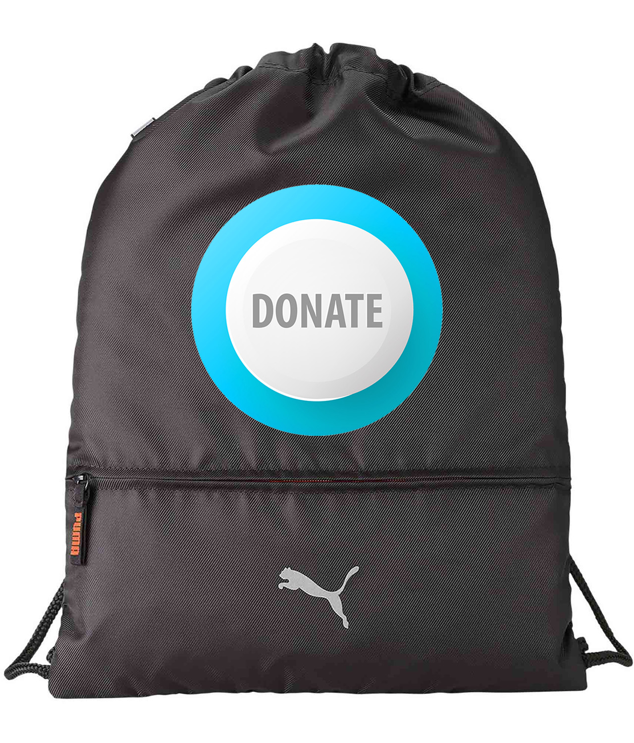 Donate Blue and White Button Logo Symbol Emblem Customized Design on Lightweight Drawstring Backpack Bag