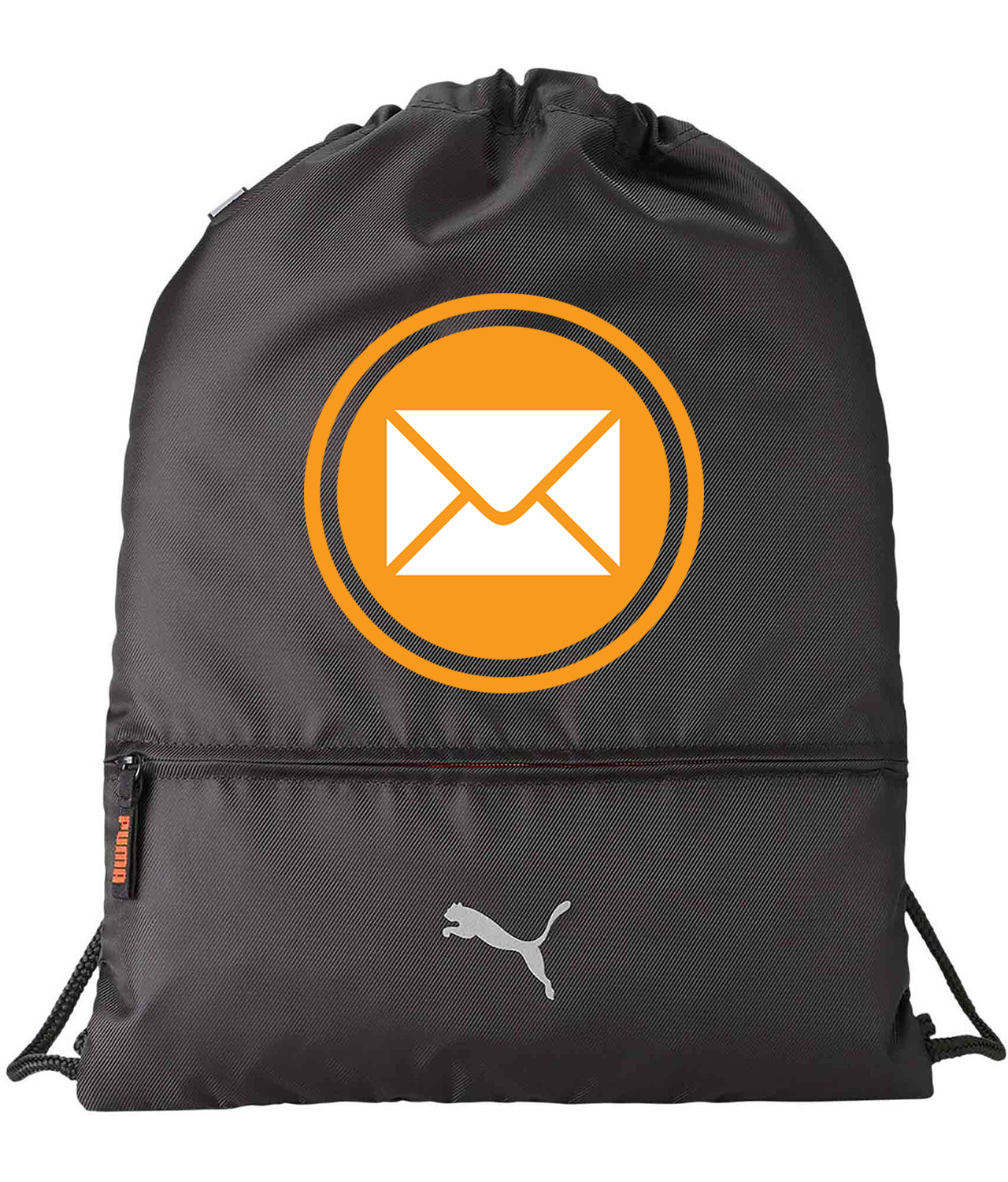 Email Icon Orange Logo Symbol Emblem Customized Design on Lightweight Drawstring Backpack Bag