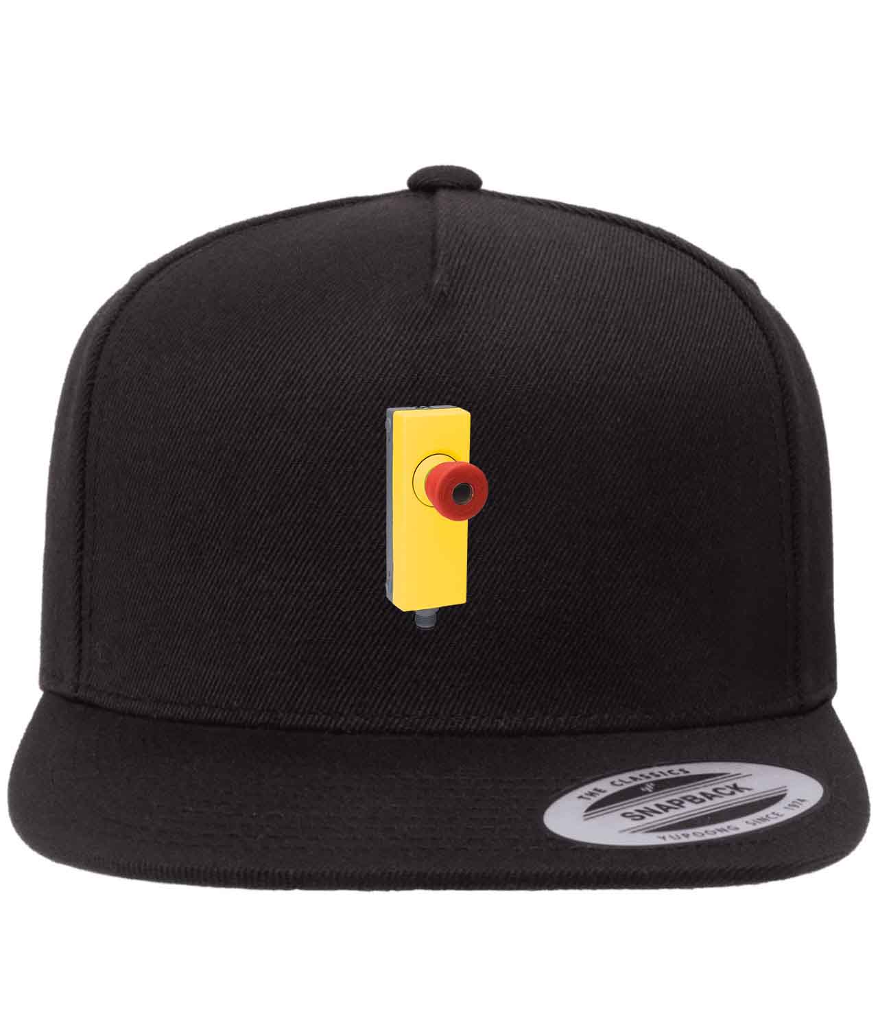 Industrial Emergency Stop Button Logo Symbol Emblem Customized Design on Wool 5-Panel Cap Hat