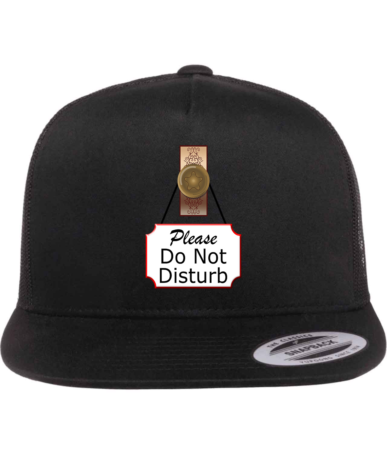 Do Not Disturb Sign on Brass Door Handle Logo Symbol Emblem Customized Design on Classic Trucker Cap Hat