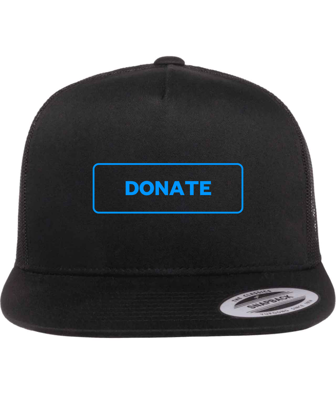 Simple Blue Outline Donate Button Logo Symbol Emblem Customized Design on Classic Trucker Cap Hat