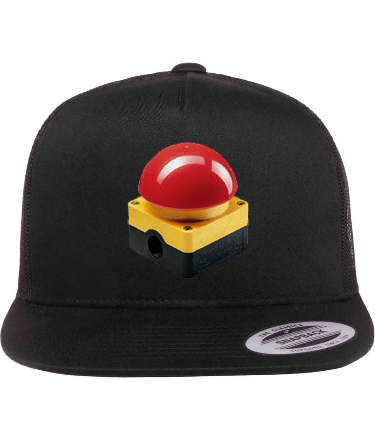 Emergency Stop Button Logo Symbol Emblem Customized Design on Classic Trucker Cap Hat