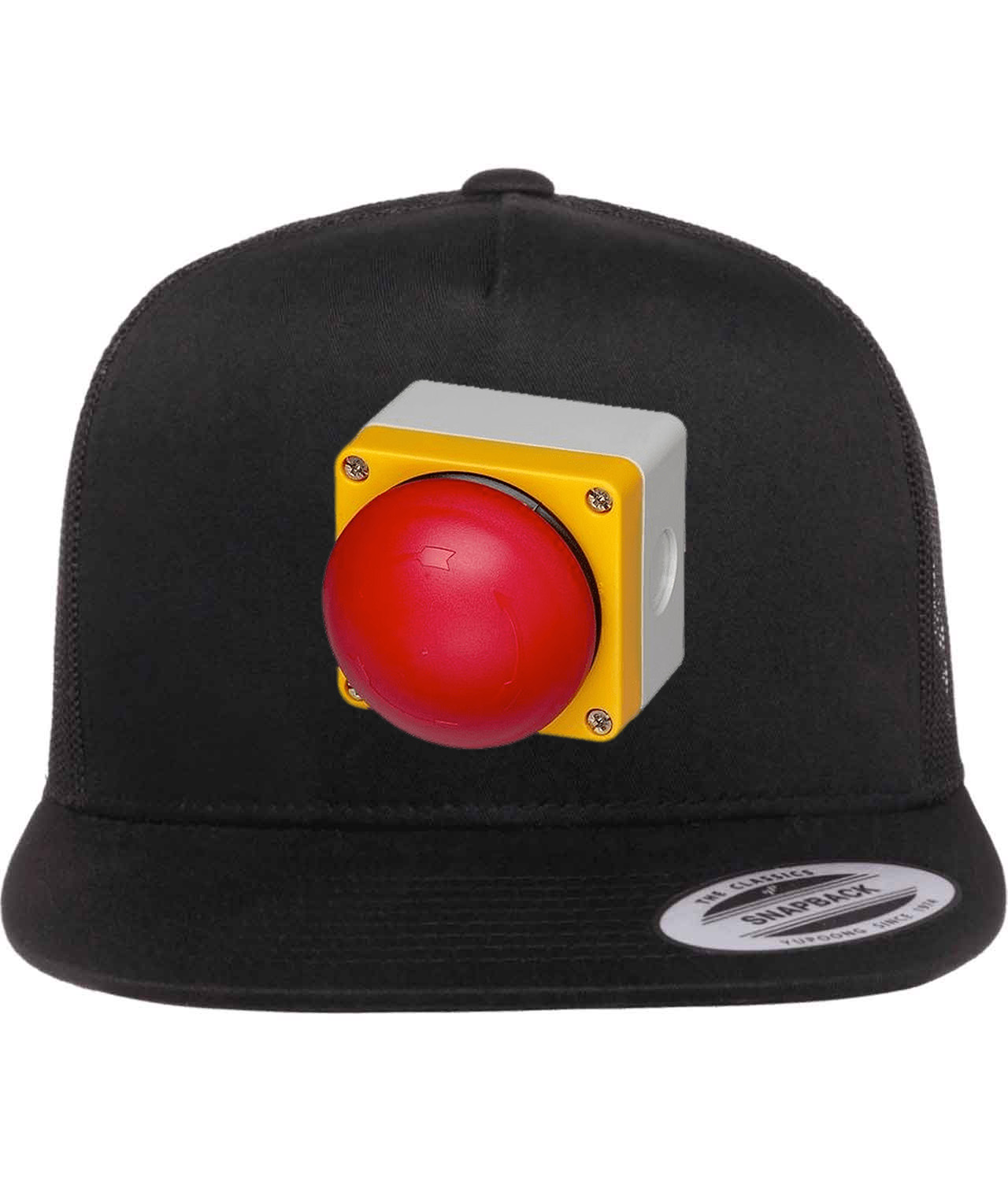 Emergency Stop Button Big Round Logo Symbol Emblem Customized Design on Classic Trucker Cap Hat