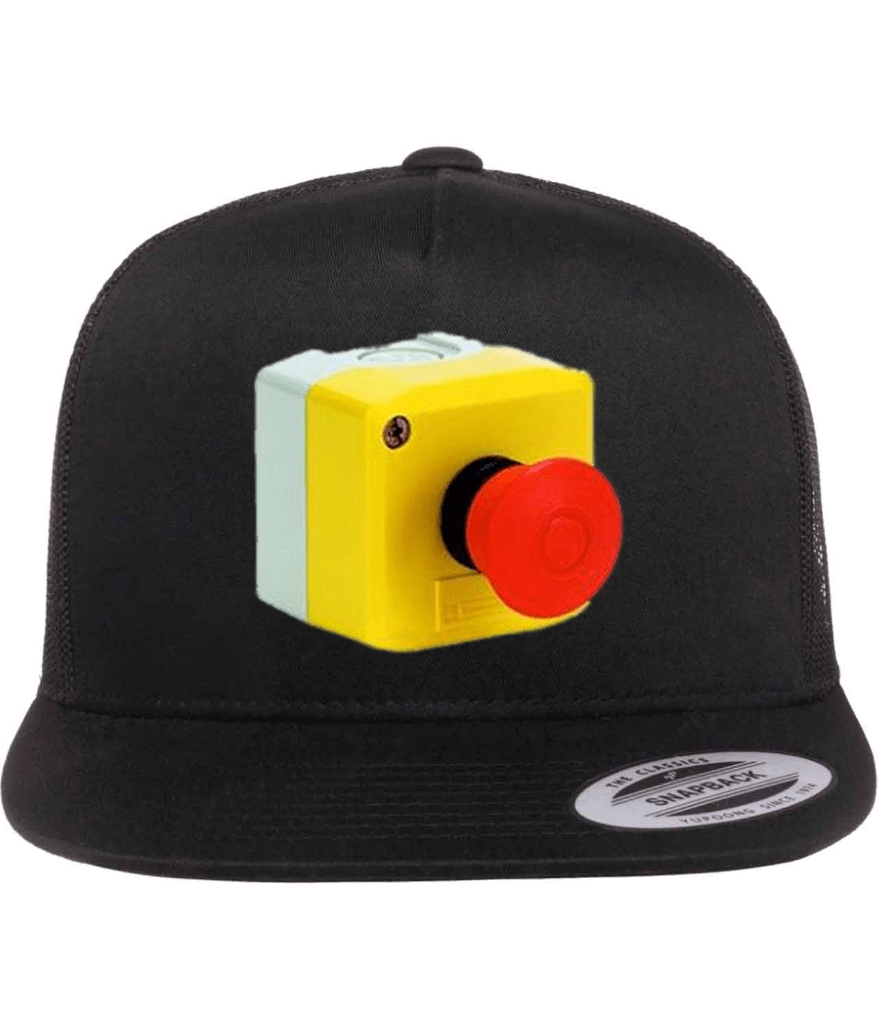 Emergency Stop Mushroom Button Logo Symbol Emblem Customized Design on Classic Trucker Cap Hat