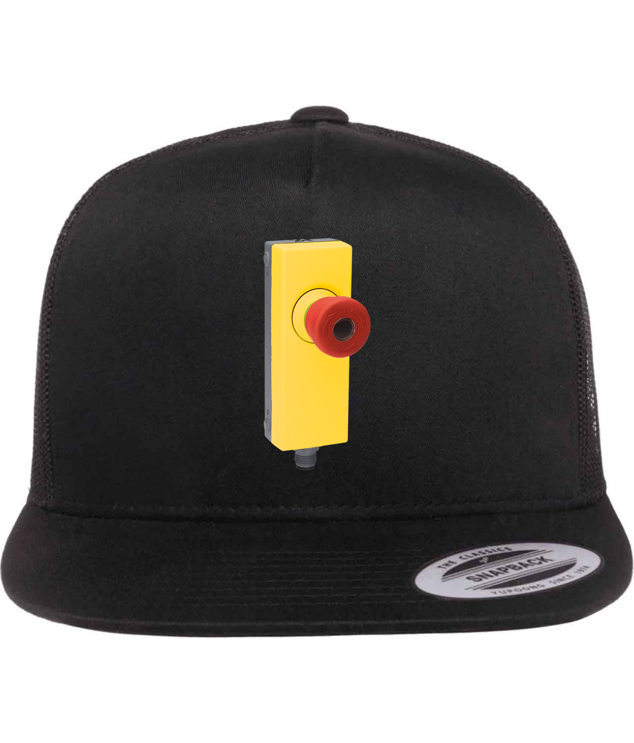 Industrial Emergency Stop Button Logo Symbol Emblem Customized Design on Classic Trucker Cap Hat