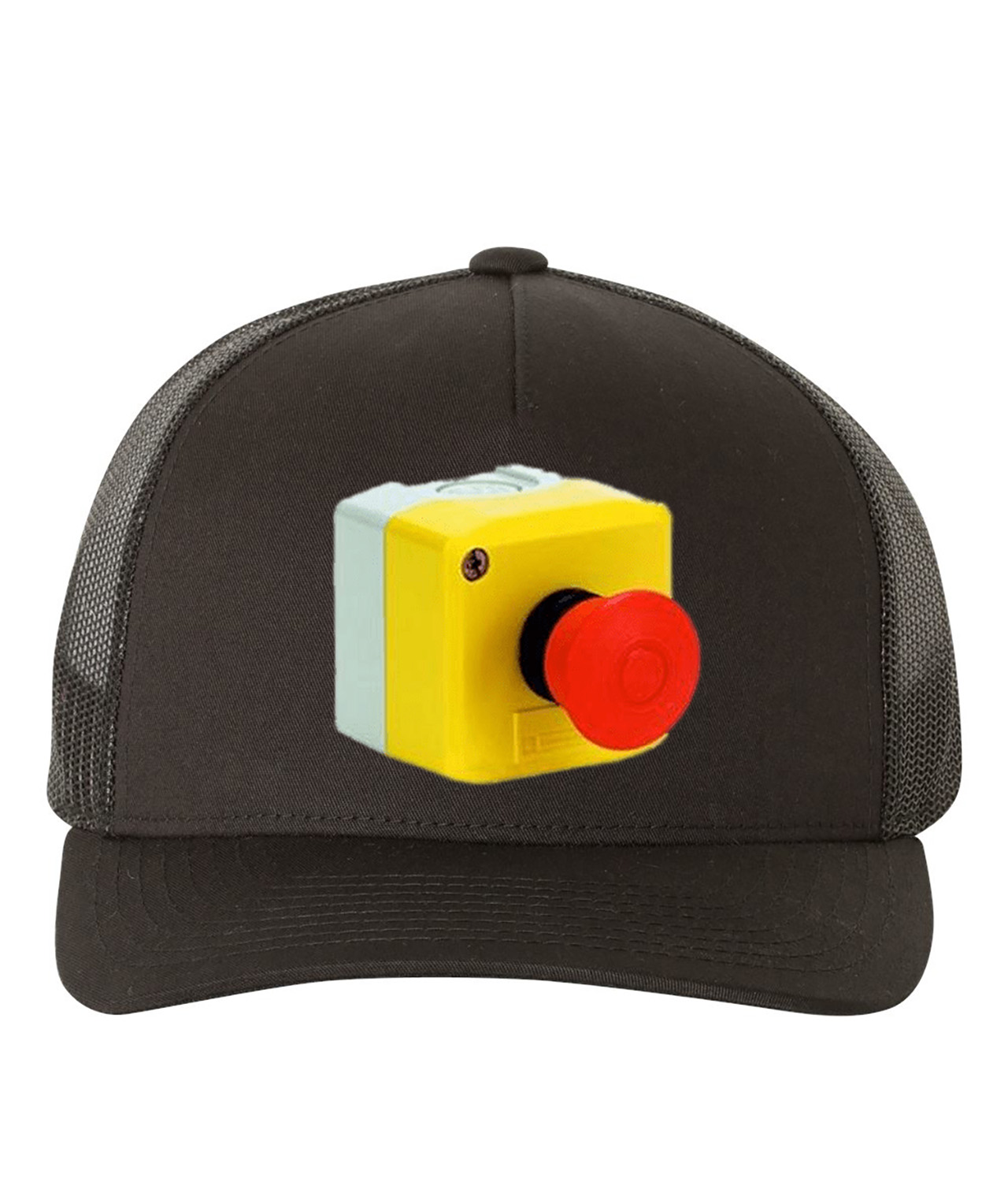 Emergency Stop Mushroom Button Logo Symbol Emblem Customized Design on Retro Trucker Cap Hat