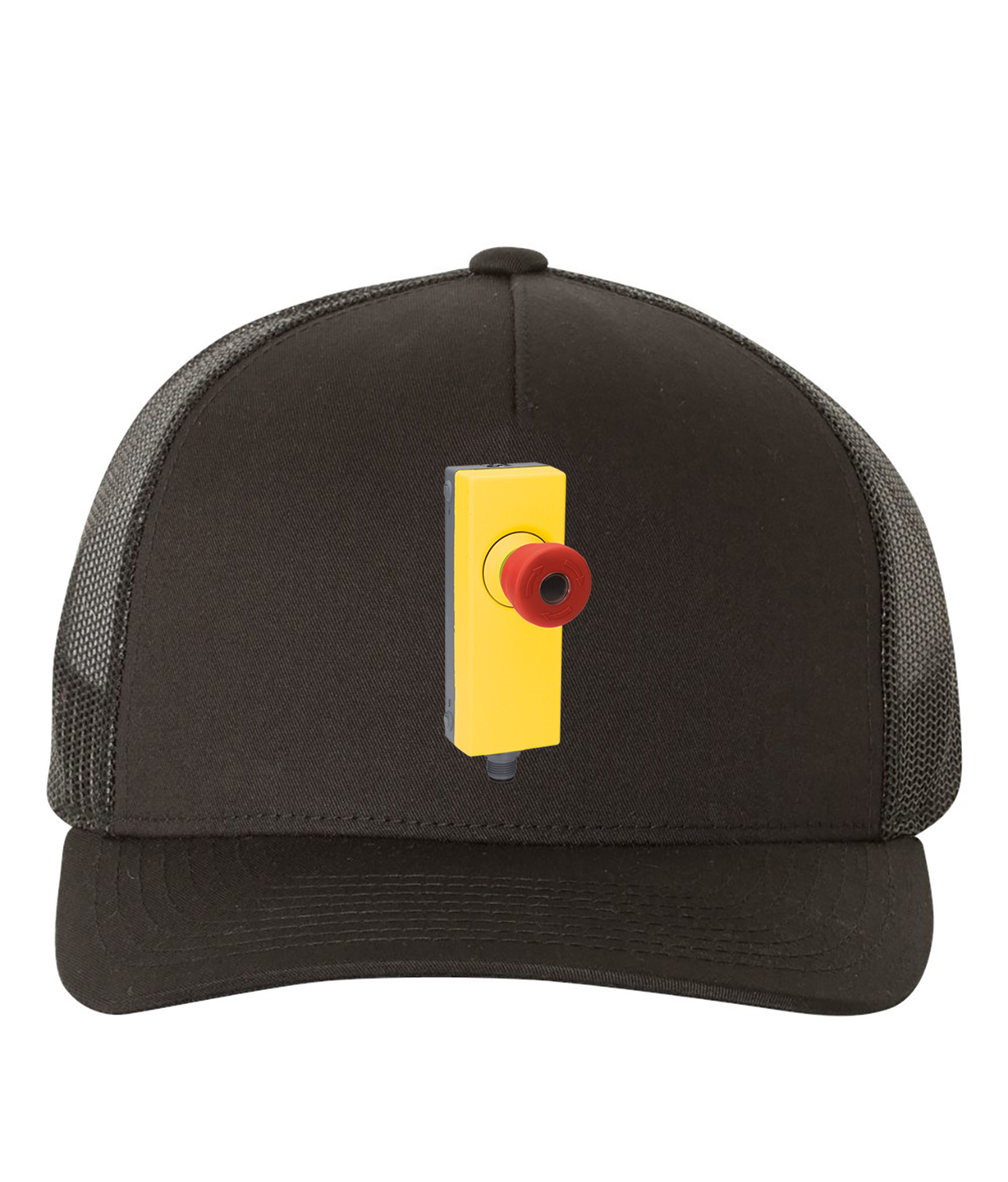 Industrial Emergency Stop Button Logo Symbol Emblem Customized Design on Retro Trucker Cap Hat