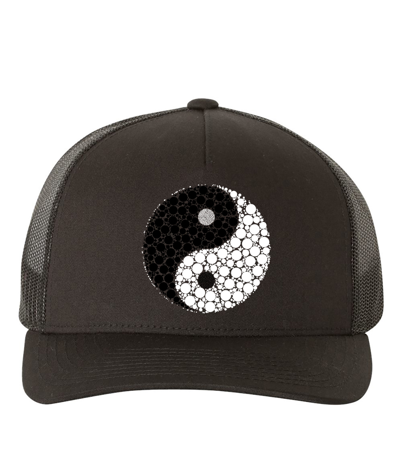 Yin Yang Symbol Made With Circles Logo Symbol Emblem Customized Design on Retro Trucker Cap Hat