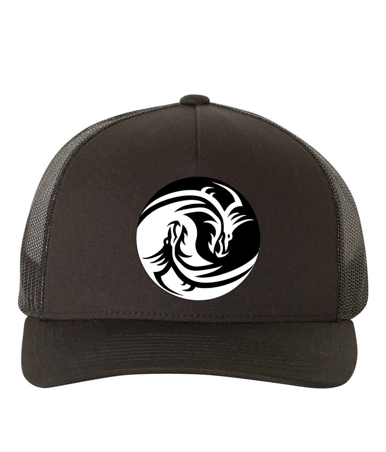 Yin Yang With Dragon Heads Logo Symbol Emblem Customized Design on Retro Trucker Cap Hat