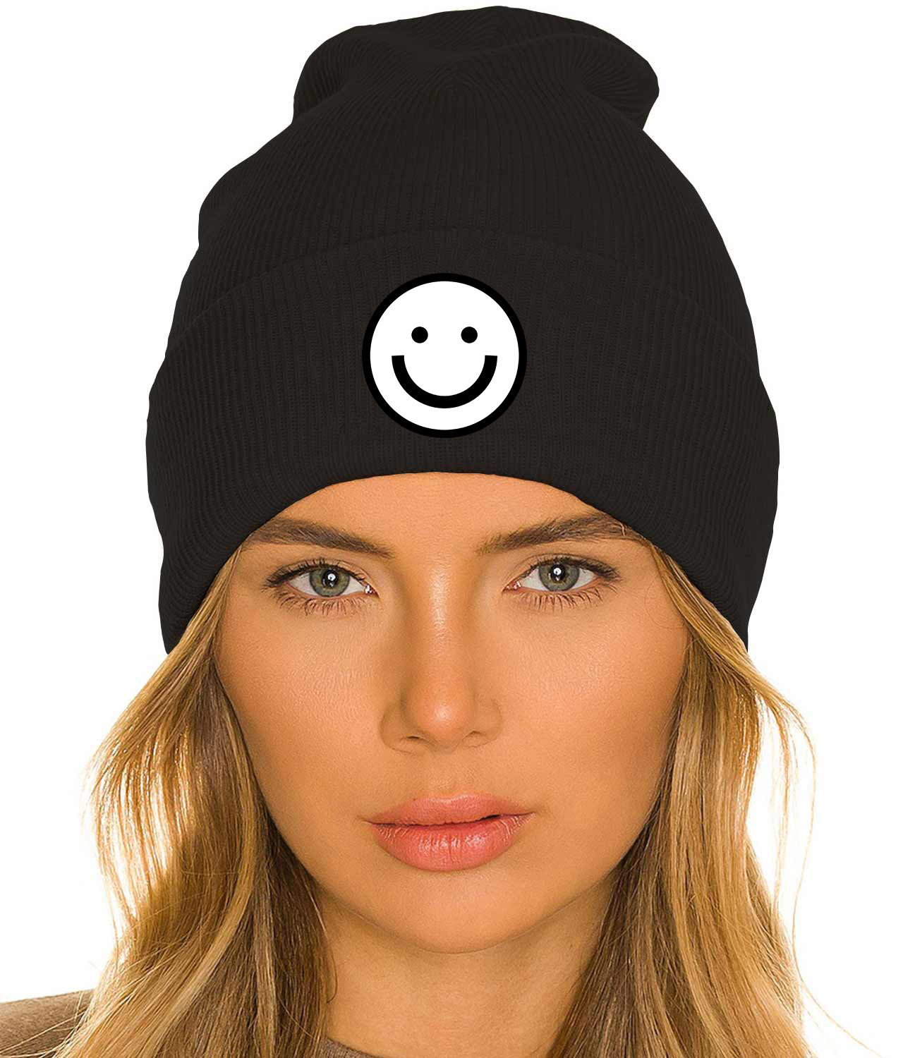 Black and White Smiley Logo Symbol Emblem Customized Design on 12" Cuffed Beanie Hat