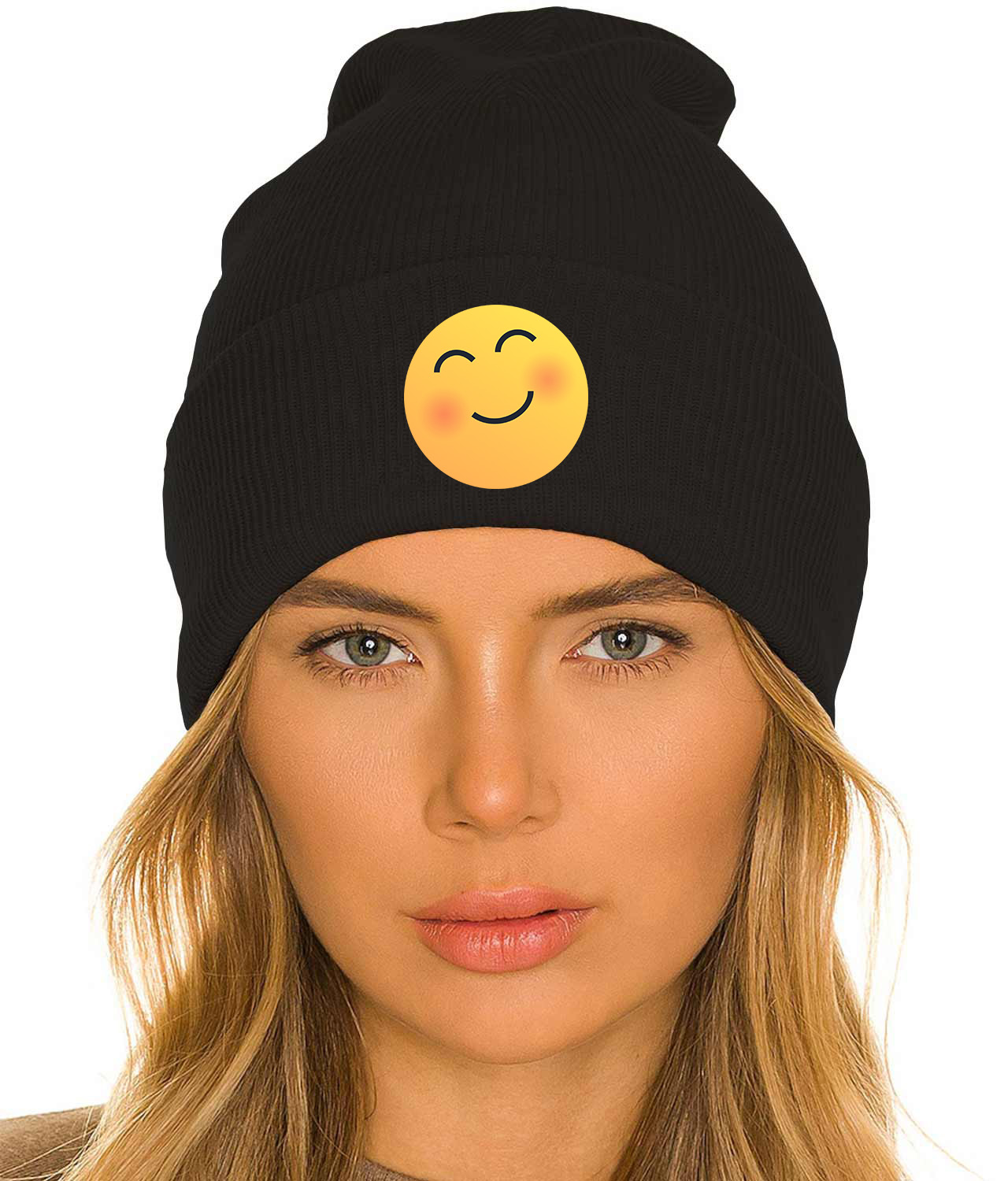 Blush Reaction Emoji Logo Symbol Emblem Customized Design on 12" Cuffed Beanie Hat