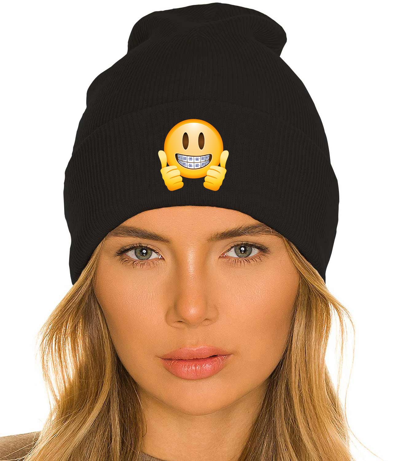 Braces Face Emoji Logo Symbol Emblem Customized Design on 12" Cuffed Beanie Hat