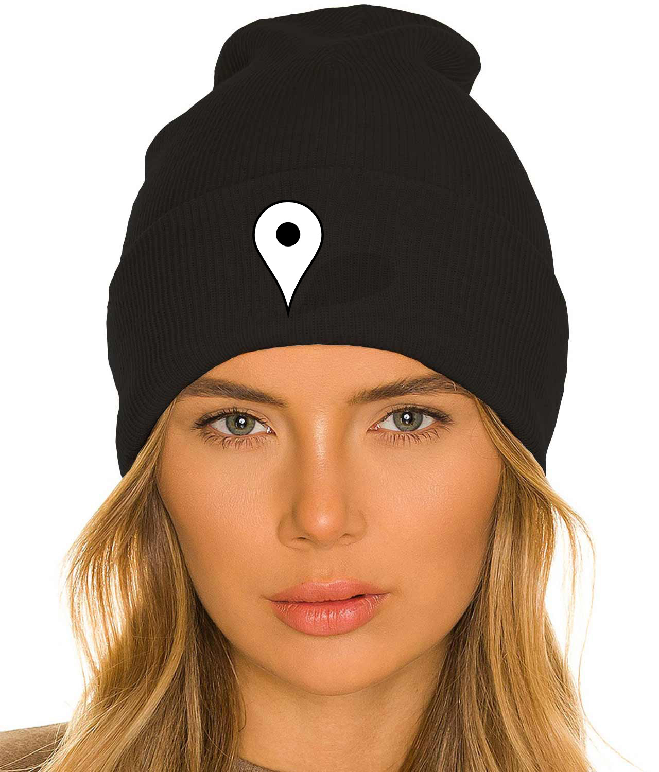 White Map Pin With Shadow Logo Symbol Emblem Customized Design on 12" Cuffed Beanie Hat