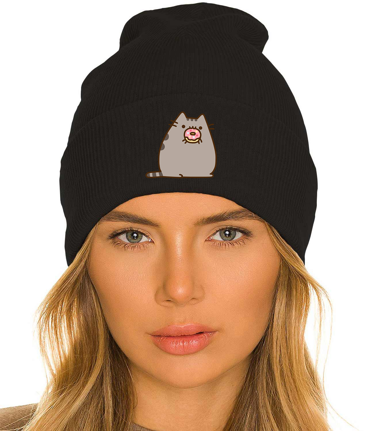 Pusheen Eating Donut Logo Symbol Emblem Customized Design on 12" Cuffed Beanie Hat