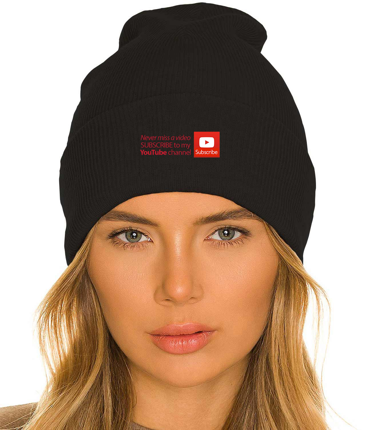 Never miss a video Subscribe to YouTube Channel Logo Symbol Emblem Customized Design on 12" Cuffed Beanie Hat