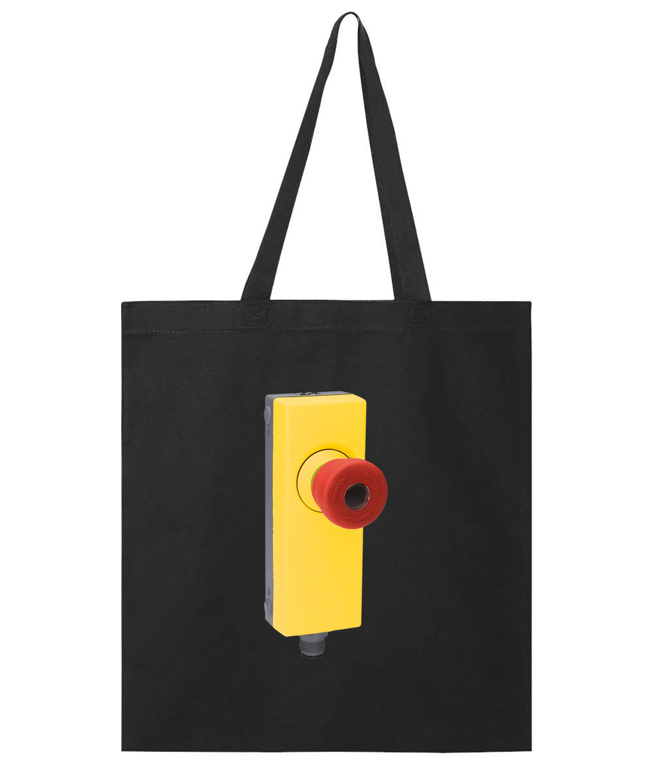 Industrial Emergency Stop Button Logo Symbol Emblem Customized Design on Promotional Tote Bag