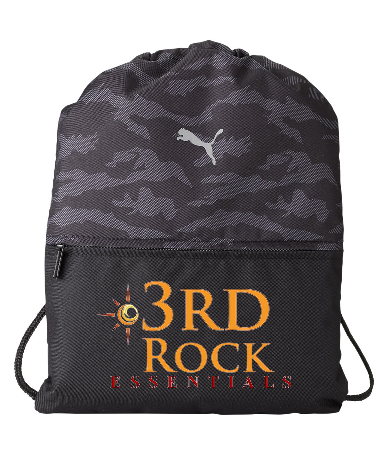 3rd Rock Essentials Logo Symbol Emblem Customized Design on Camo Drawstring Backpack Bag