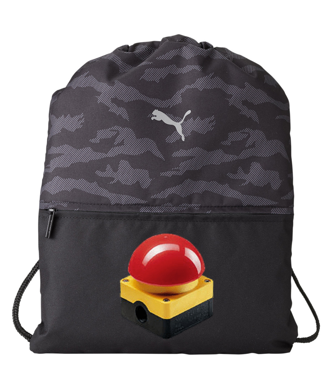 Emergency Stop Button Logo Symbol Emblem Customized Design on Camo Drawstring Backpack Bag