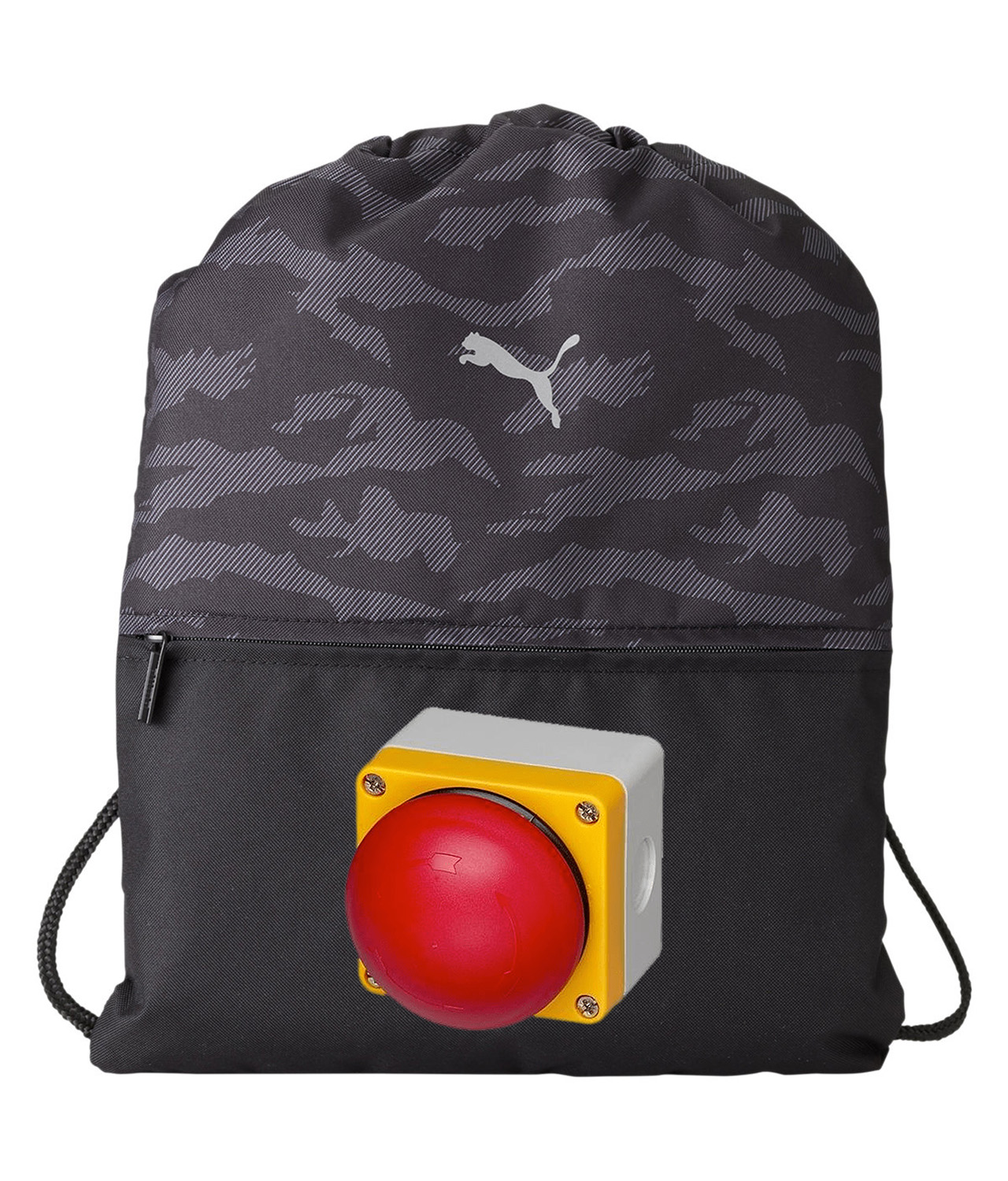 Emergency Stop Button Big Round Logo Symbol Emblem Customized Design on Camo Drawstring Backpack Bag