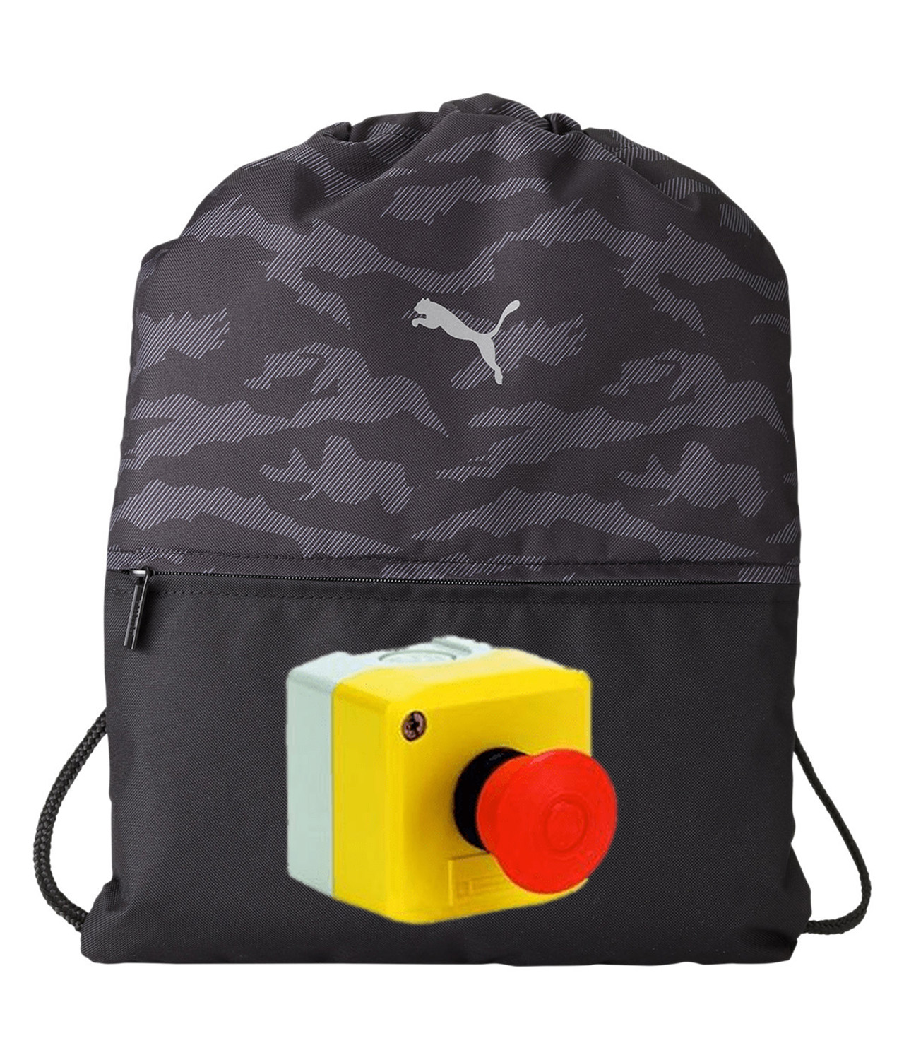 Emergency Stop Mushroom Button Logo Symbol Emblem Customized Design on Camo Drawstring Backpack Bag