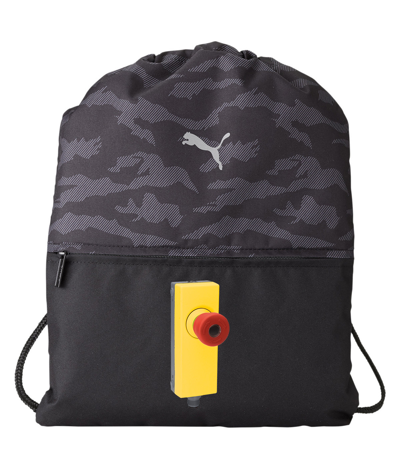 Industrial Emergency Stop Button Logo Symbol Emblem Customized Design on Camo Drawstring Backpack Bag