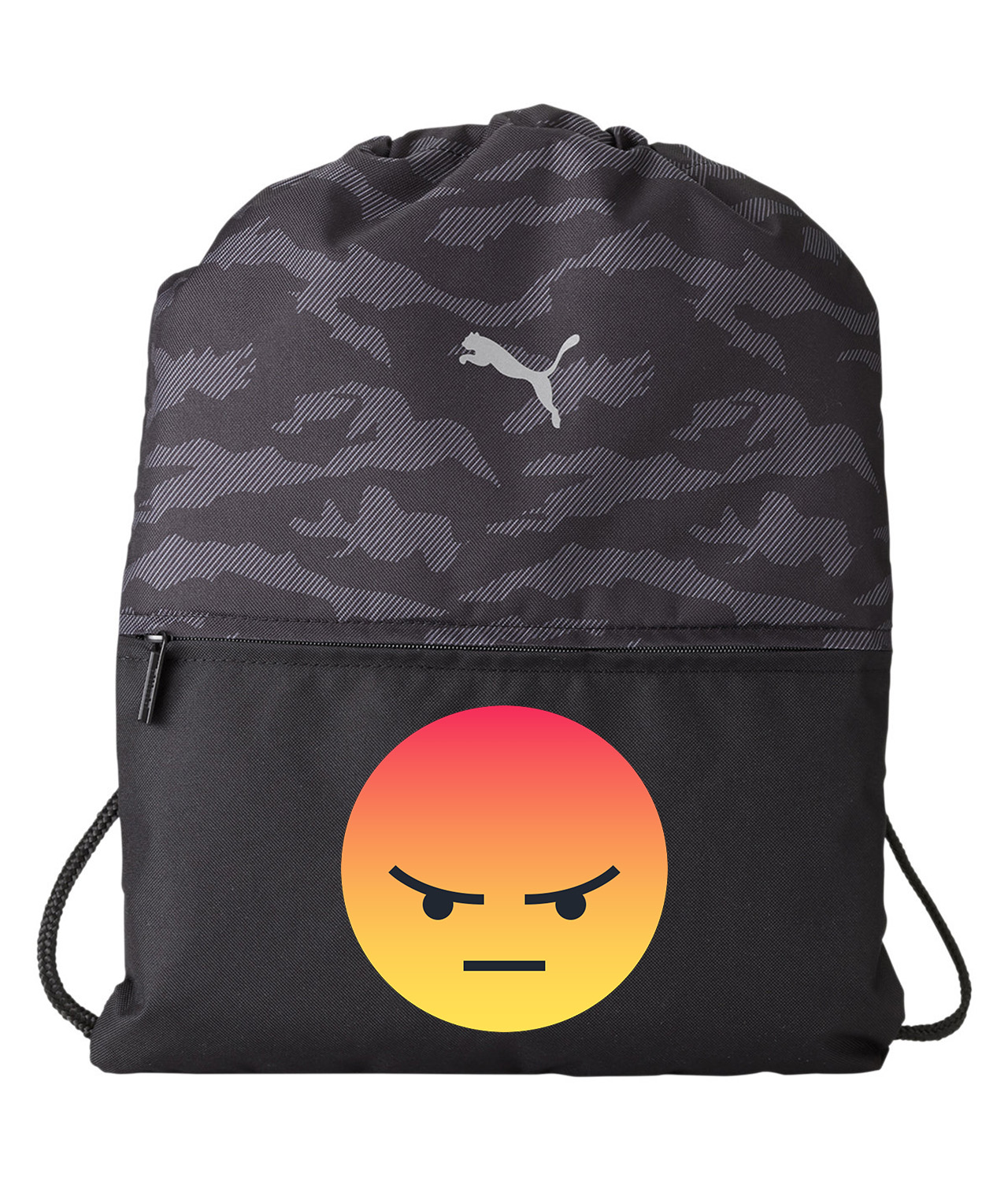 Angry Reaction Emoji Logo Symbol Emblem Customized Design on Camo Drawstring Backpack Bag