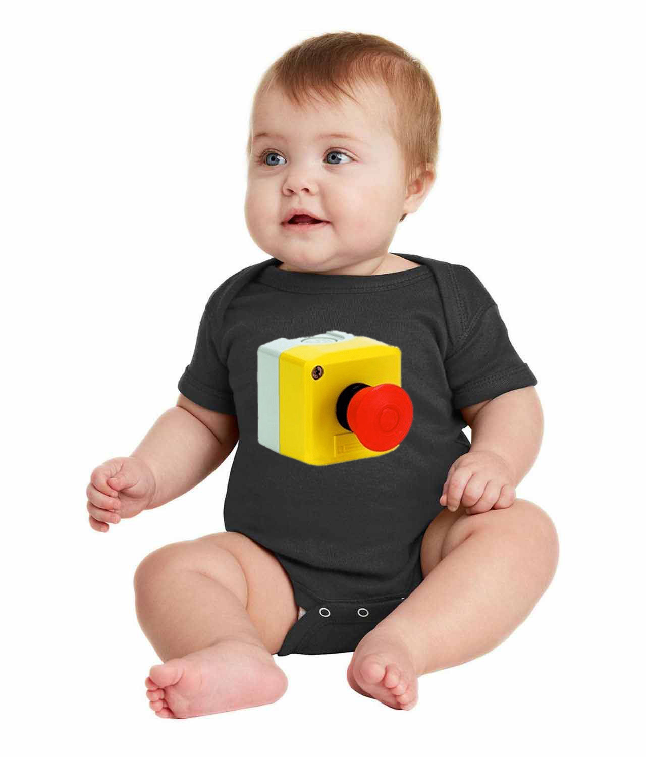 Emergency Stop Mushroom Button Logo Symbol Emblem Customized Design on Infant Baby Rib Bodysuit