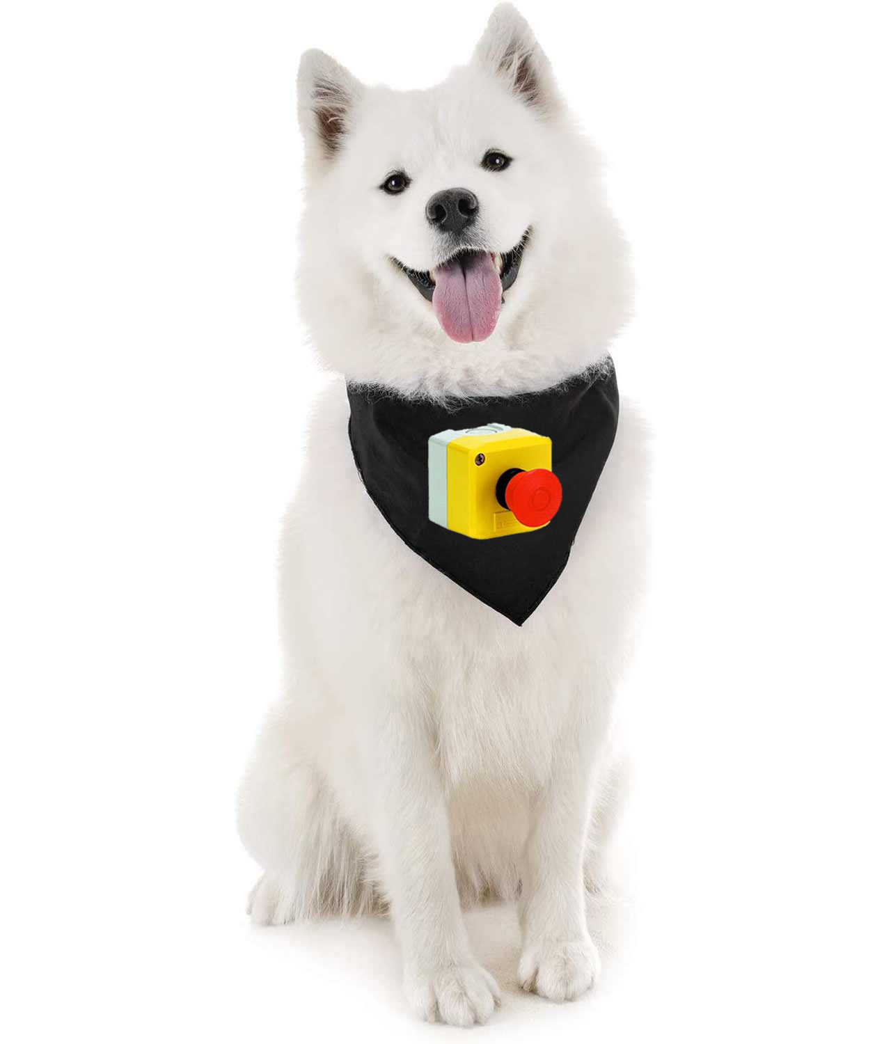 Emergency Stop Mushroom Button Logo Symbol Emblem Customized Design on Doggie Puppy Dog Bandana