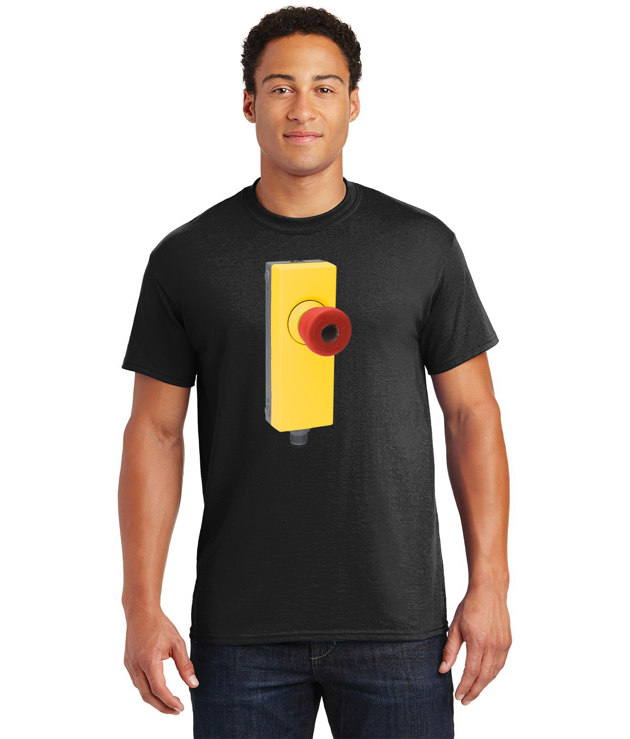 Industrial Emergency Stop Button Logo Symbol Emblem Customized Design on Unisex Tshirt Tee