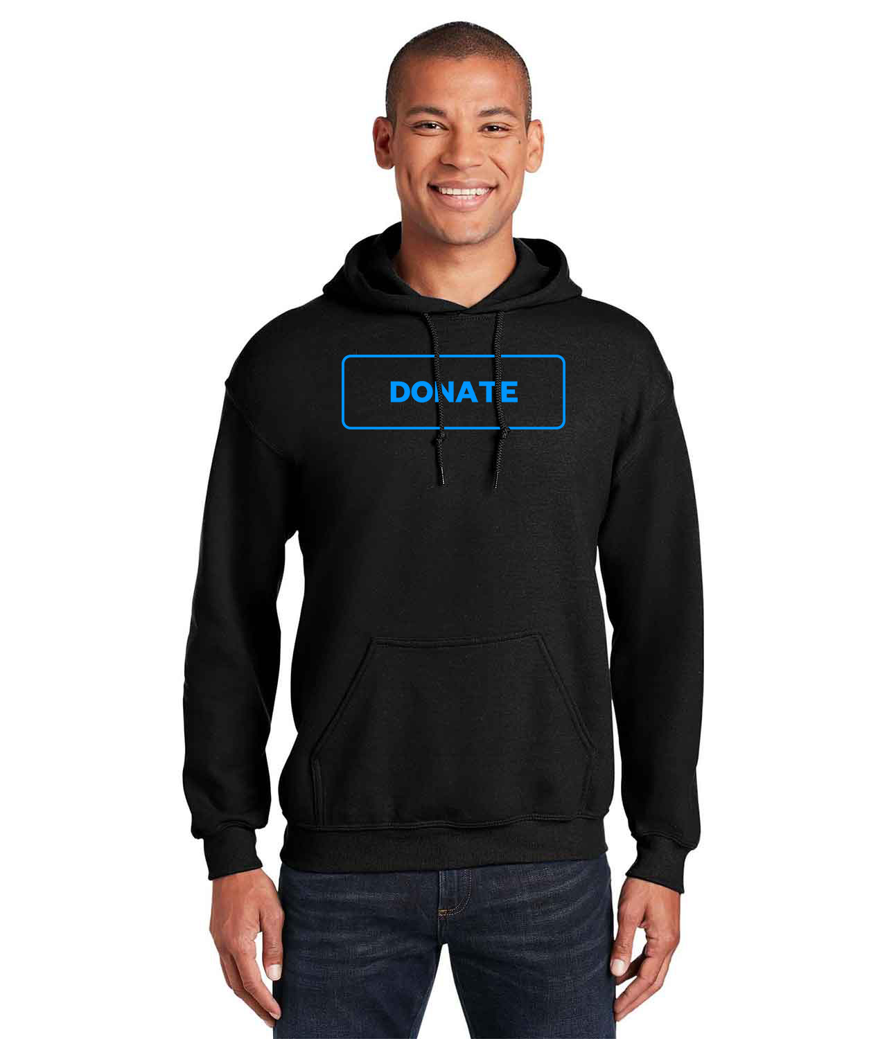 Simple Blue Outline Donate Button Logo Symbol Emblem Customized Design on Unisex Hooded Sweatshirt