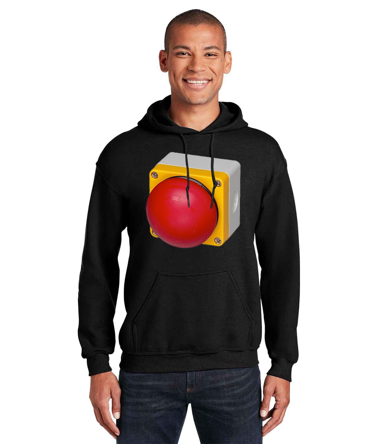Emergency Stop Button Big Round Logo Symbol Emblem Customized Design on Unisex Hooded Sweatshirt