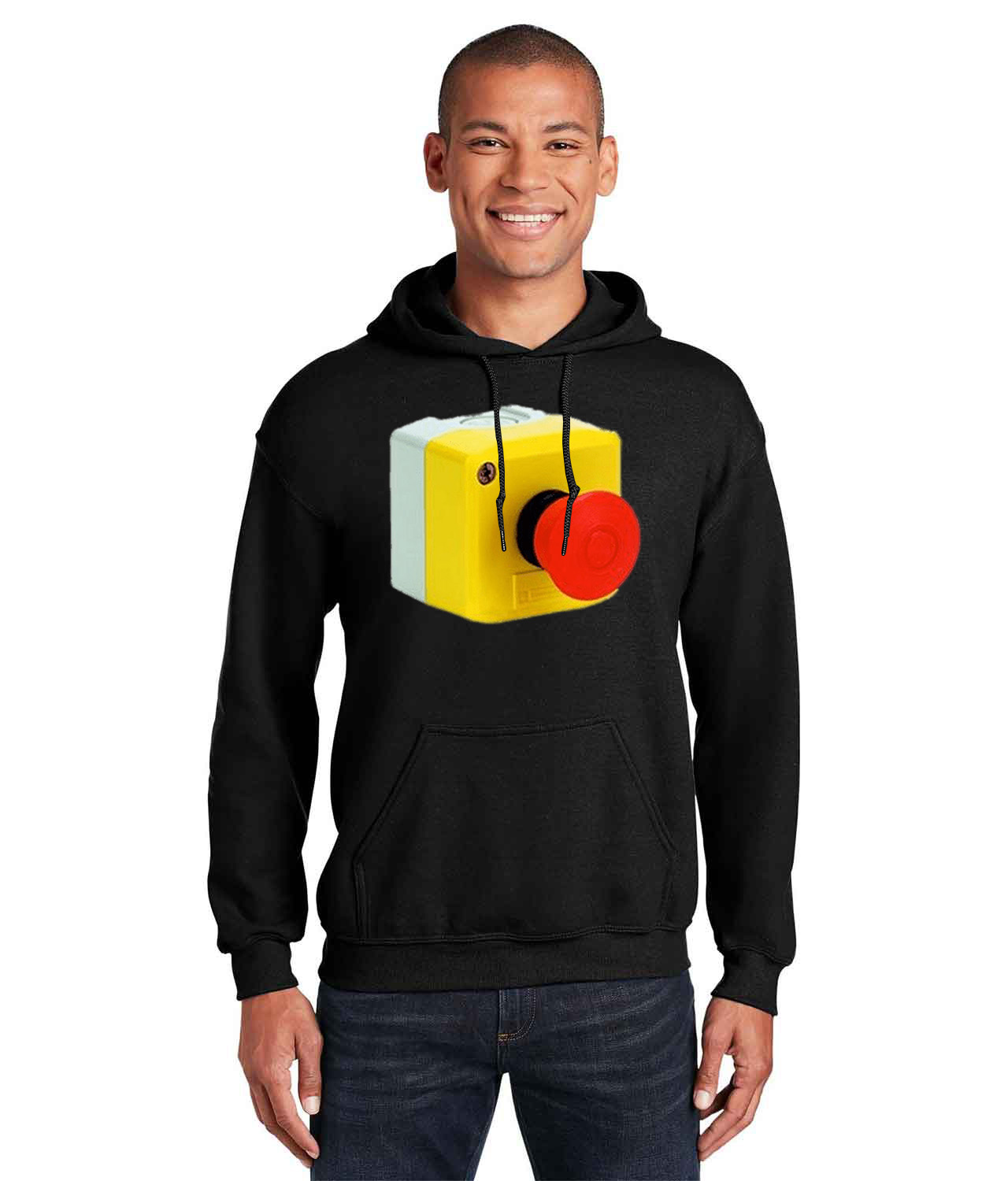 Emergency Stop Mushroom Button Logo Symbol Emblem Customized Design on Unisex Hooded Sweatshirt