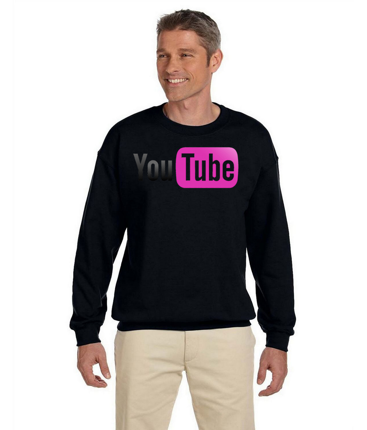 YouTube Pink Banner Transparent Logo Symbol Emblem Customized Design on Unisex Crewneck Sweatshirt