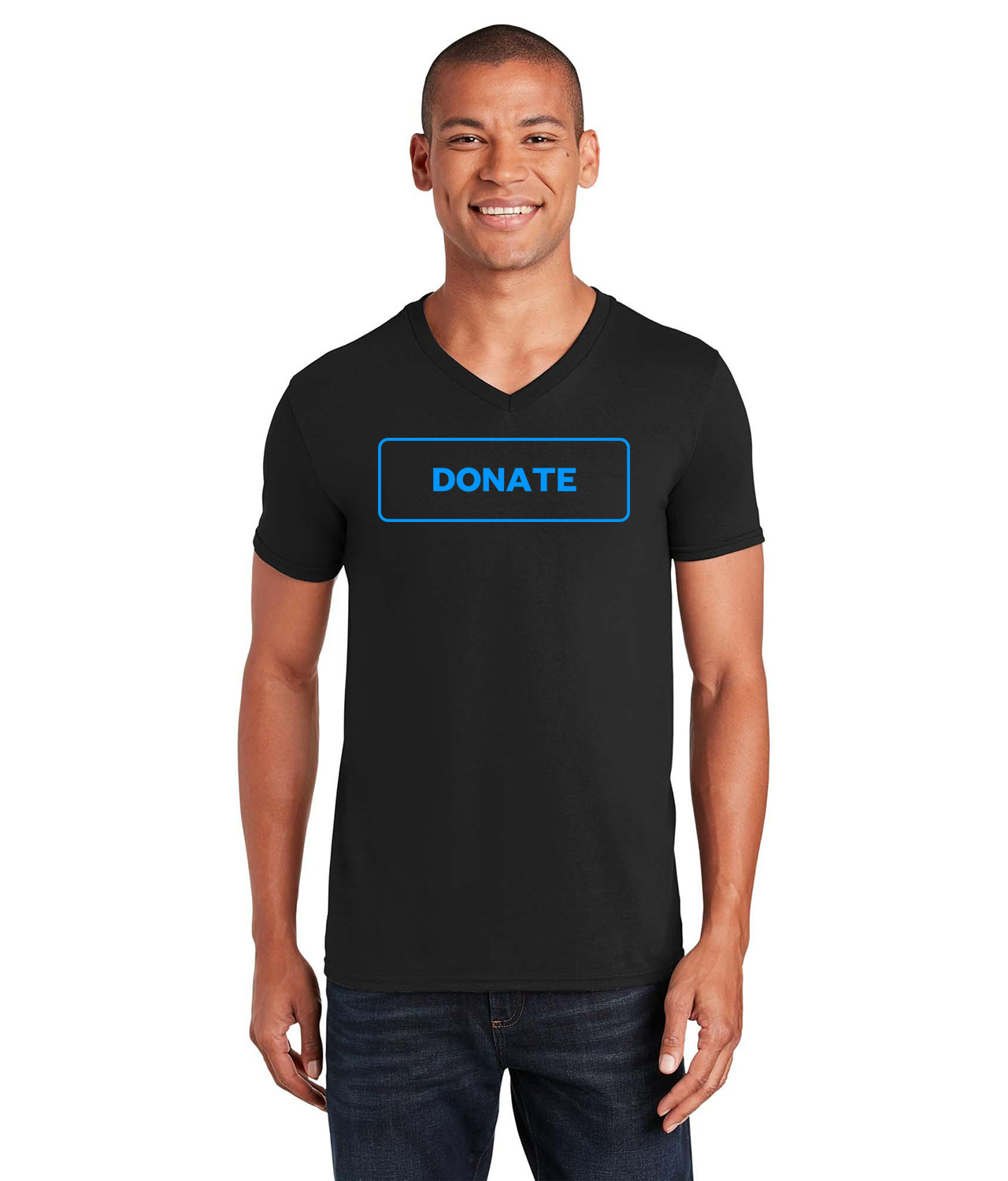Simple Blue Outline Donate Button Logo Symbol Emblem Customized Design on Unisex V-Neck T-Shirt Tee