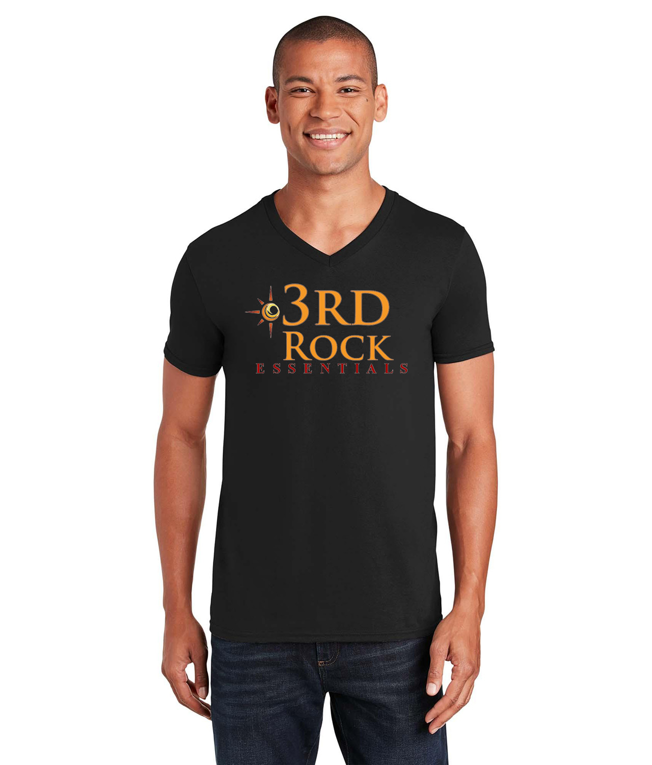 3rd Rock Essentials Logo Symbol Emblem Customized Design on Unisex V-Neck T-Shirt Tee