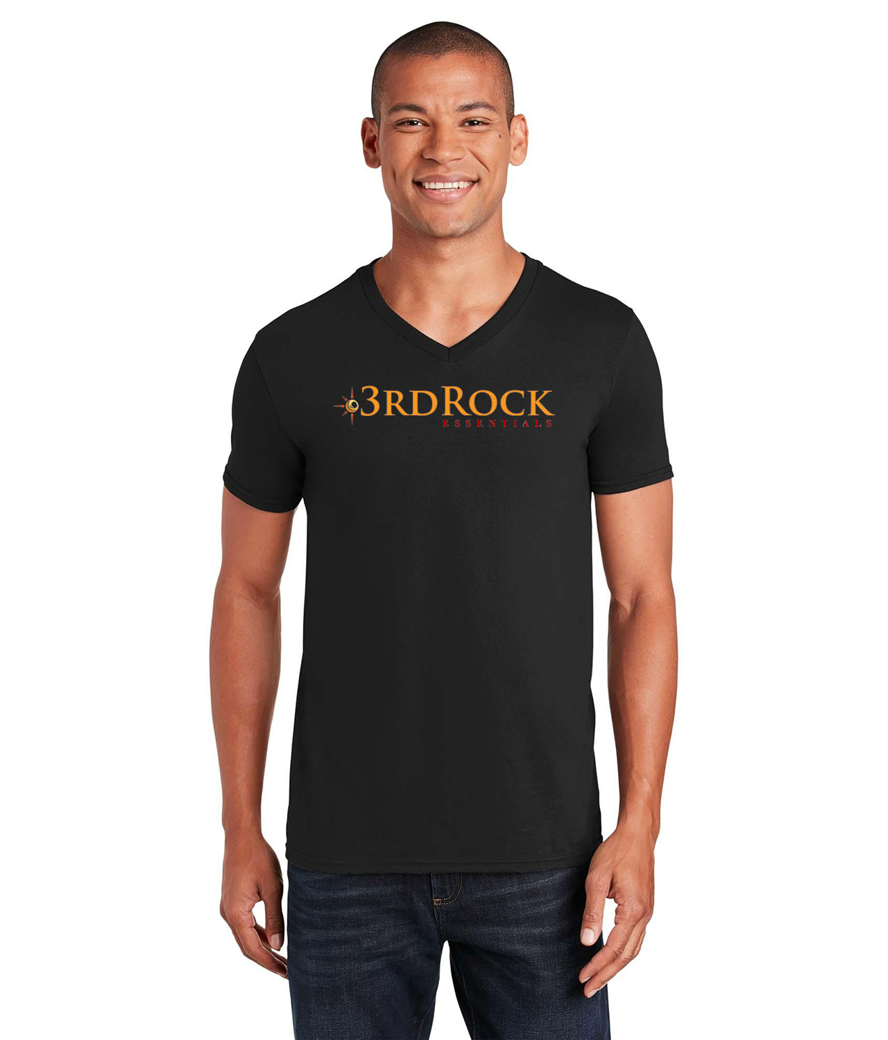 3rd Rock Essentials Horizontal Logo Symbol Emblem Customized Design on Unisex V-Neck T-Shirt Tee
