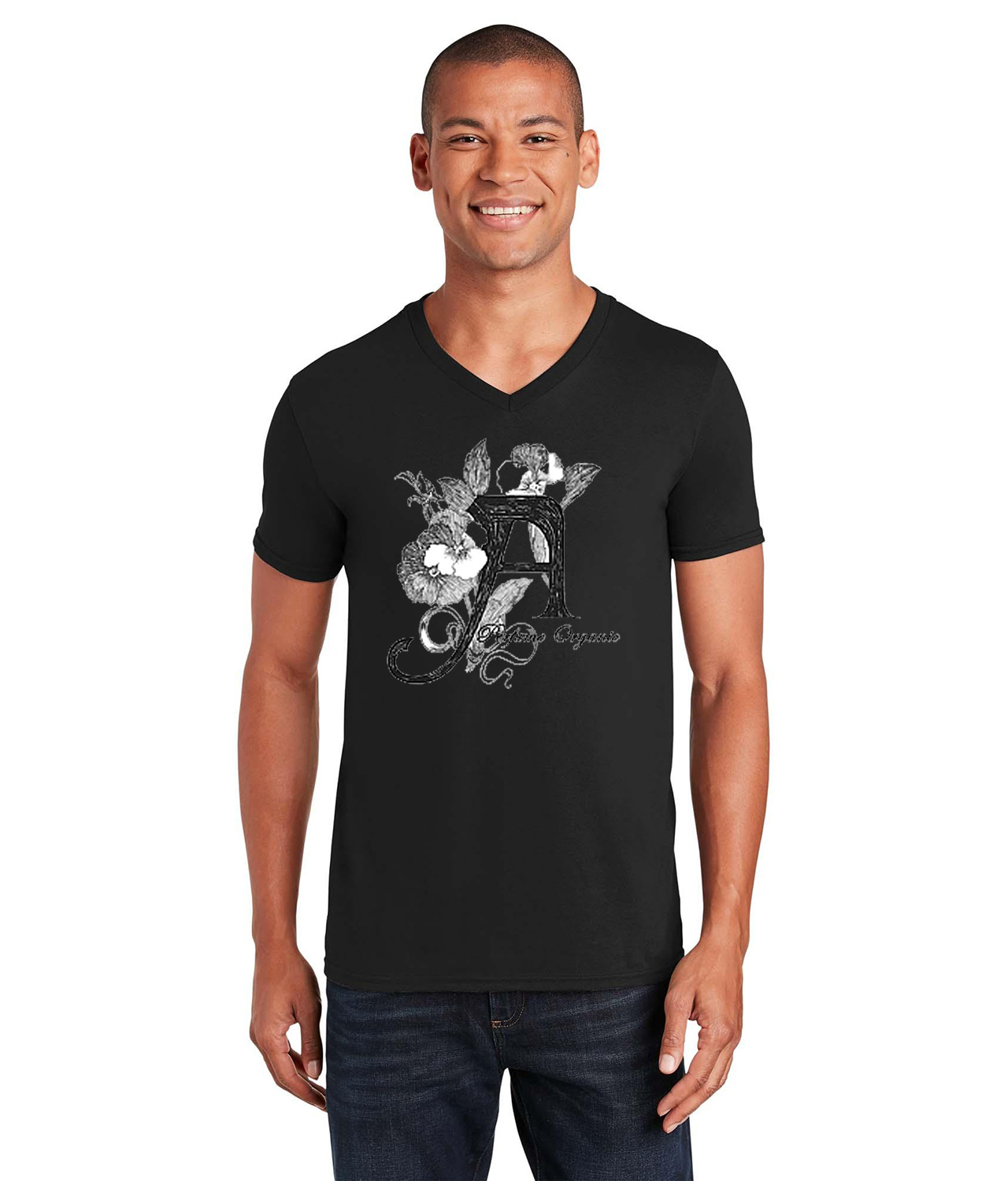 A Perfume Organic Logo Symbol Emblem Customized Design on Unisex V-Neck T-Shirt Tee