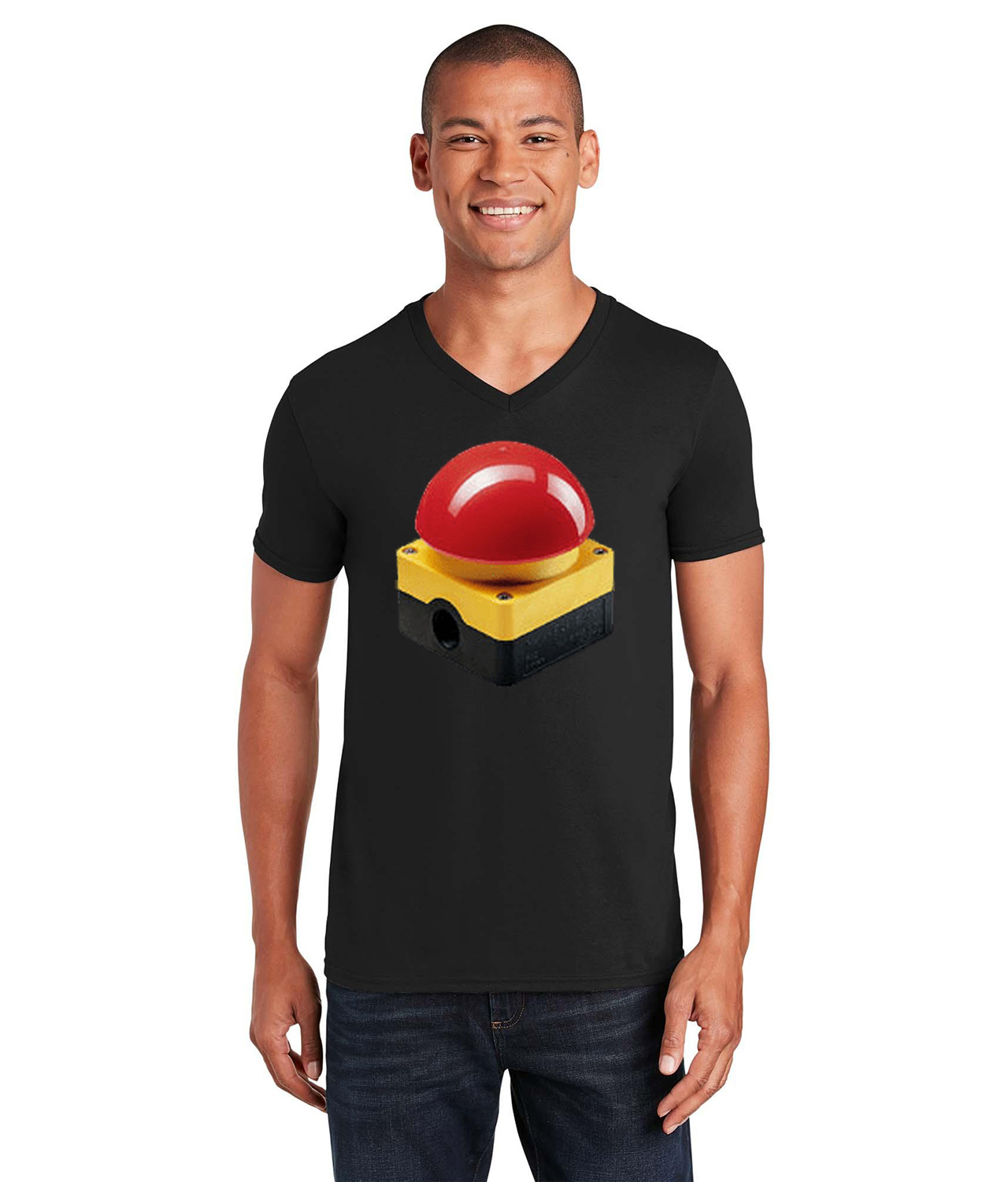Emergency Stop Button Logo Symbol Emblem Customized Design on Unisex V-Neck T-Shirt Tee