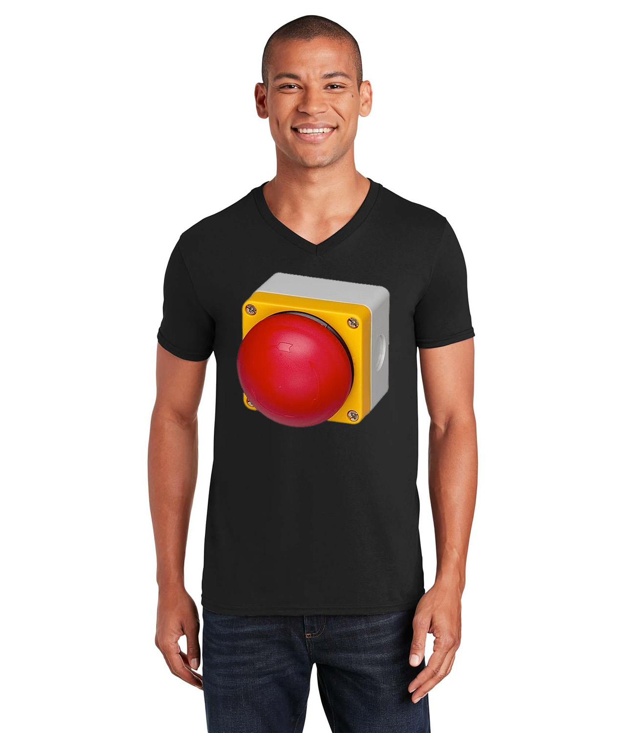Emergency Stop Button Big Round Logo Symbol Emblem Customized Design on Unisex V-Neck T-Shirt Tee