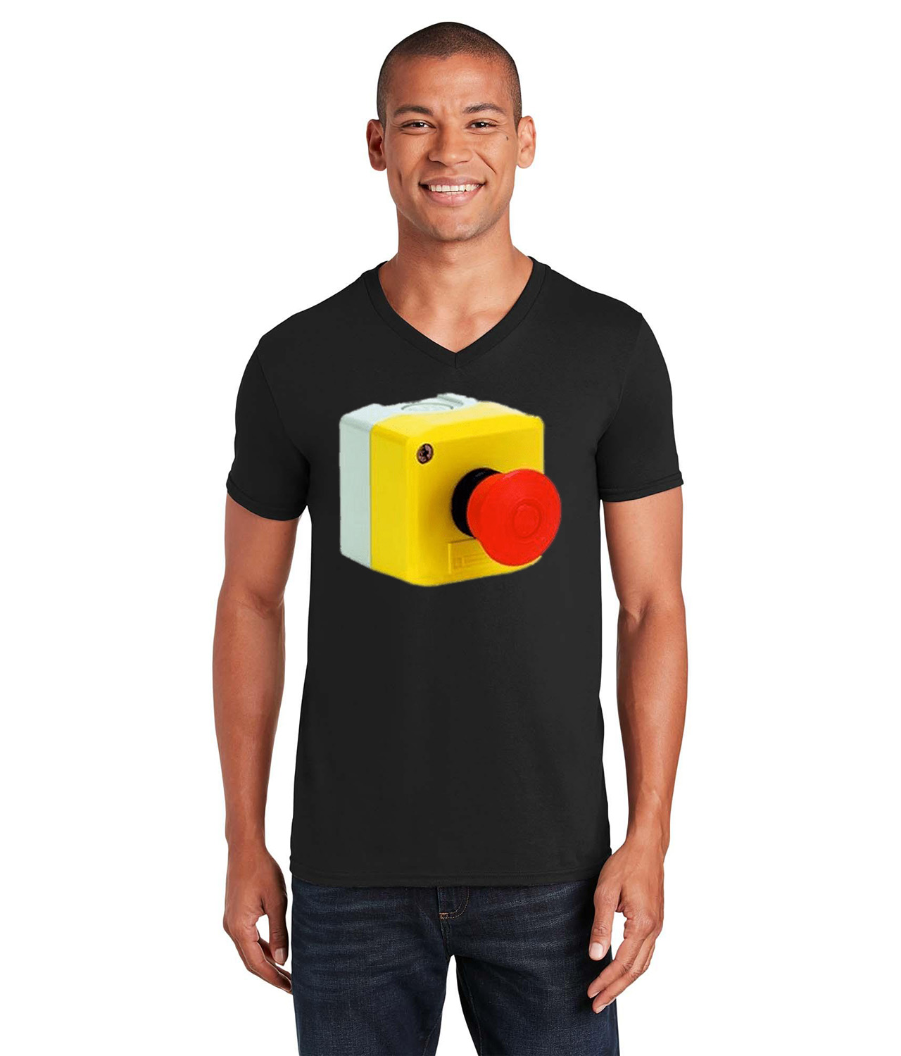 Emergency Stop Mushroom Button Logo Symbol Emblem Customized Design on Unisex V-Neck T-Shirt Tee
