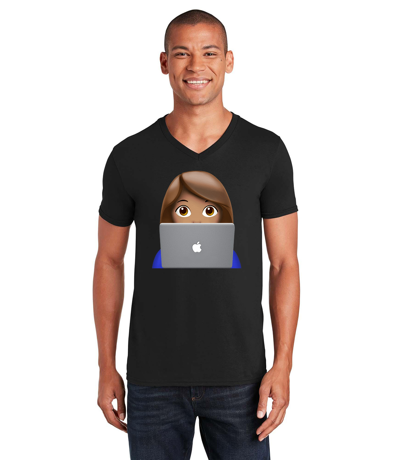 Apple Fan Emoji Logo Symbol Emblem Customized Design on Unisex V-Neck T-Shirt Tee