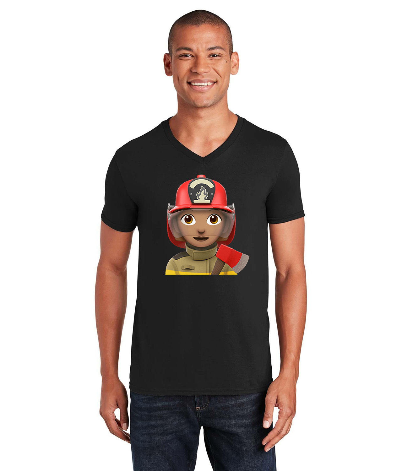 Apple Fireman Emoji Logo Symbol Emblem Customized Design on Unisex V-Neck T-Shirt Tee