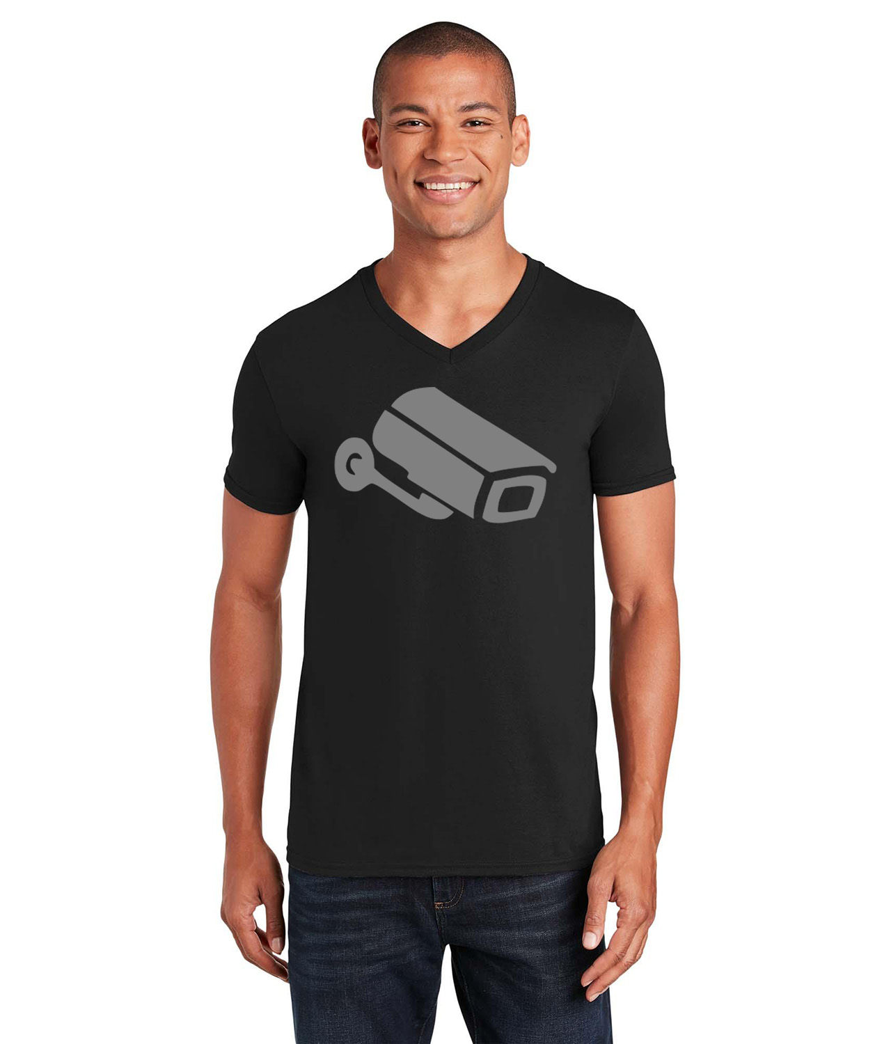 Security Camera Icon Logo Symbol Emblem Customized Design on Unisex V-Neck T-Shirt Tee
