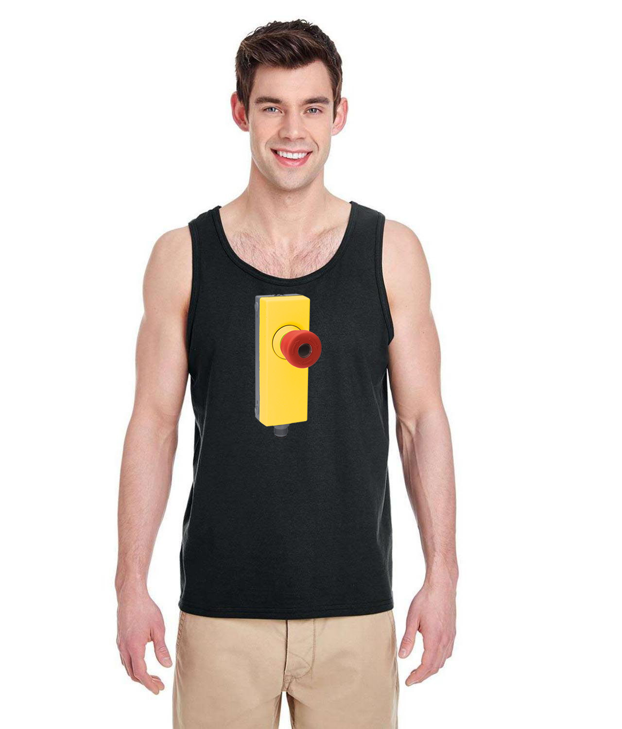 Industrial Emergency Stop Button Logo Symbol Emblem Customized Design on Unisex Tank Top