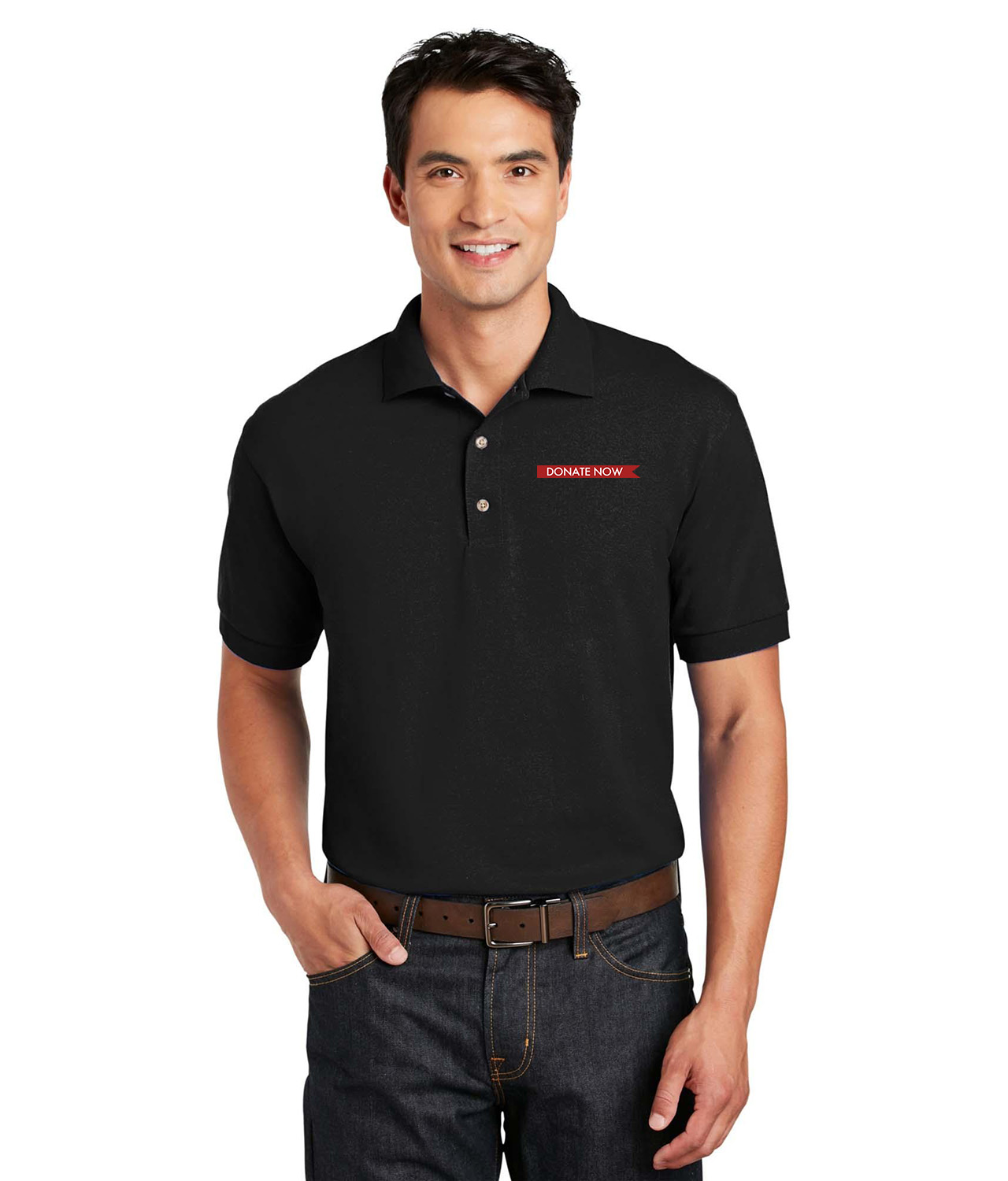 Donate Now Banner Button Logo Symbol Emblem Customized Design on Unisex Sport Knit Jersey Polo T-Shirt