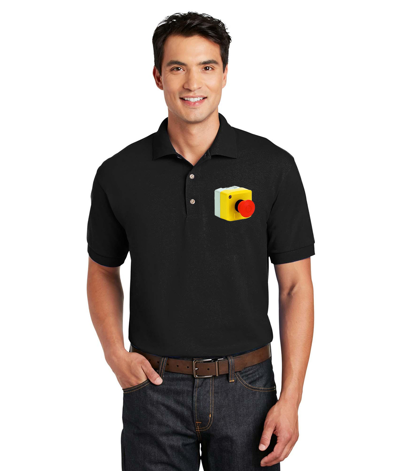 Emergency Stop Mushroom Button Logo Symbol Emblem Customized Design on Unisex Sport Knit Jersey Polo T-Shirt