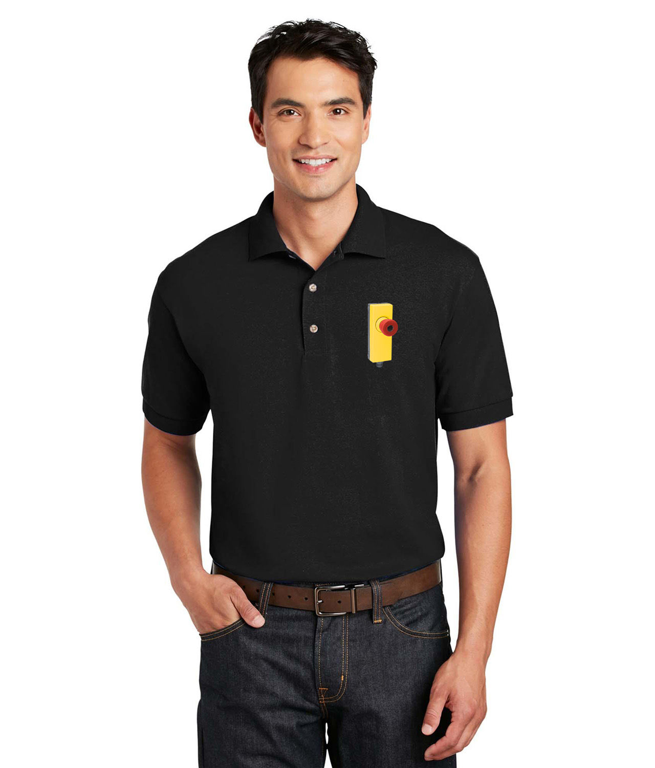 Industrial Emergency Stop Button Logo Symbol Emblem Customized Design on Unisex Sport Knit Jersey Polo T-Shirt