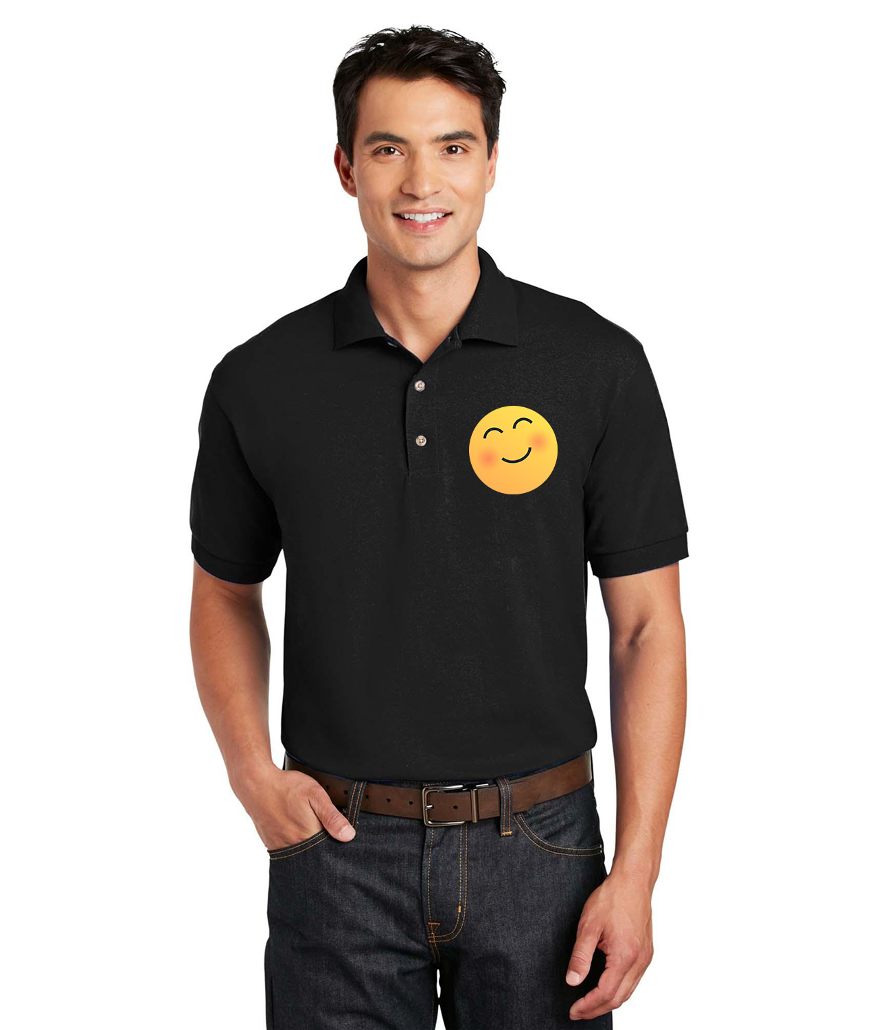 Blush Reaction Emoji Logo Symbol Emblem Customized Design on Unisex Sport Knit Jersey Polo T-Shirt