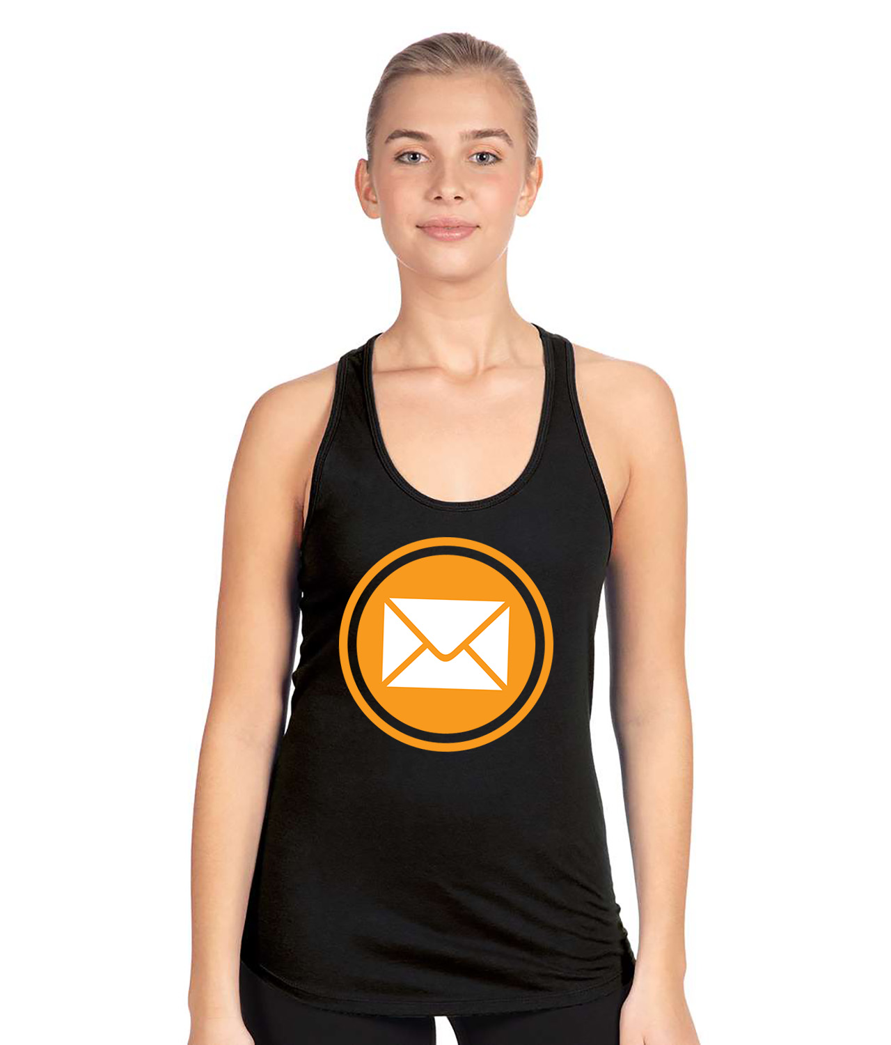 Email Icon Orange Logo Symbol Emblem Customized Design on Women's Racerback Tank Top